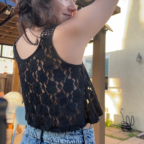 Edgy Unique Black Mesh Lace Cropped Top Tank with a Dual-Sided Design (Medium) - Picture 4 of 10